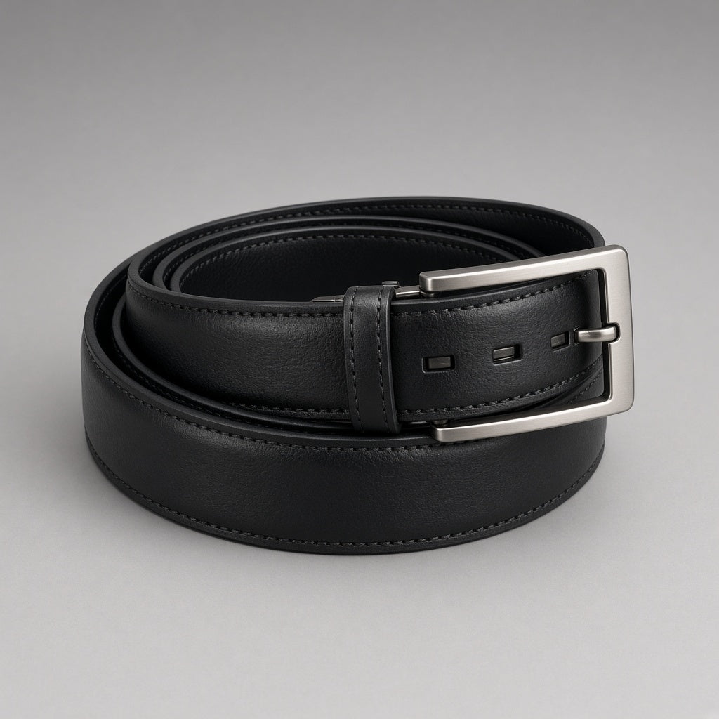Ratchet dress belt in black, coiled, silver buckle