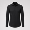 Wrinkle-free fitted dress shirt in black, clean front, no chest pocket