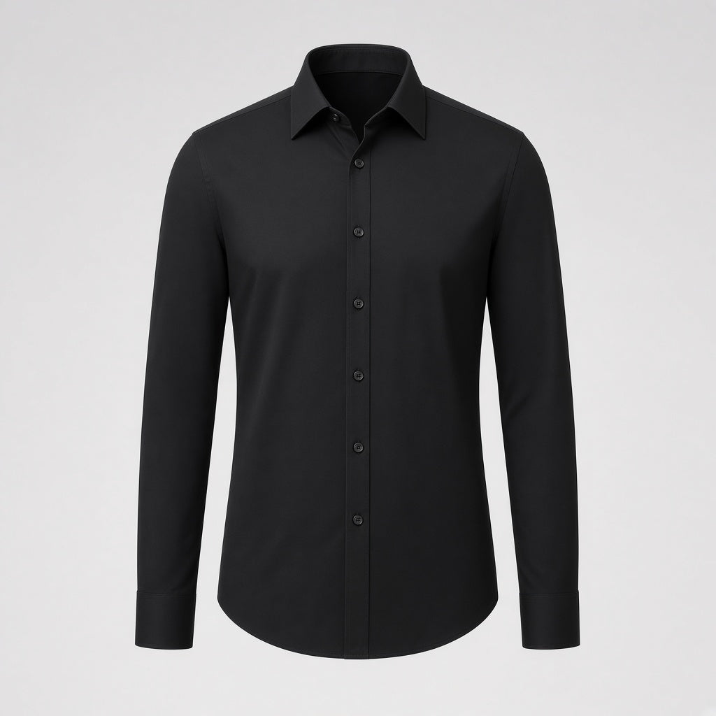 Wrinkle-free fitted dress shirt in black, clean front, no chest pocket