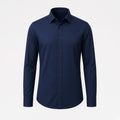 Wrinkle-free fitted dress shirt in navy, clean front, no chest pocket