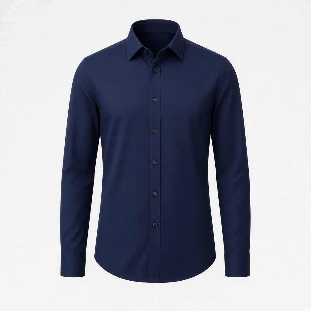 Wrinkle-free fitted dress shirt in navy, clean front, no chest pocket