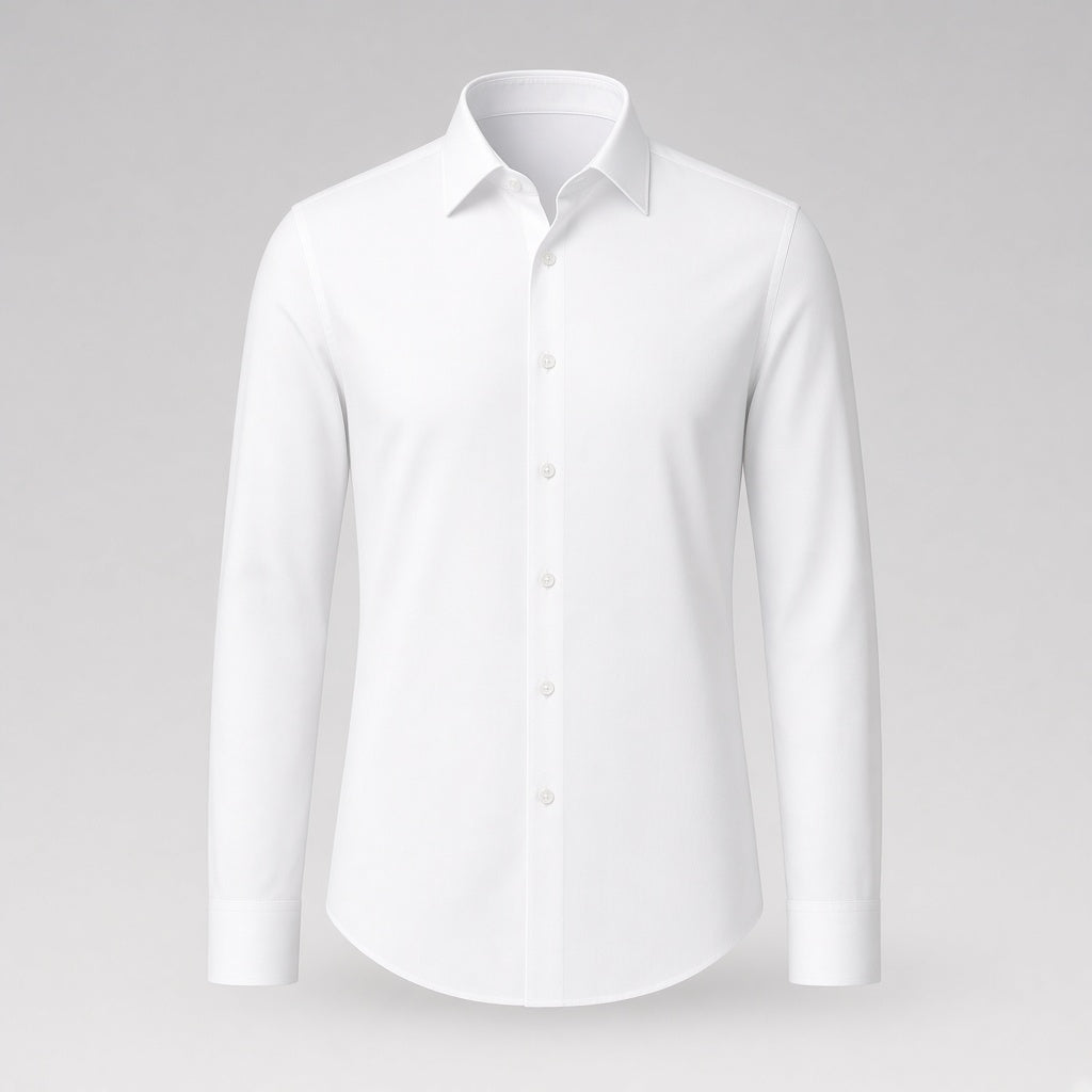 Wrinkle-free fitted dress shirt in white, clean front, no chest pocket