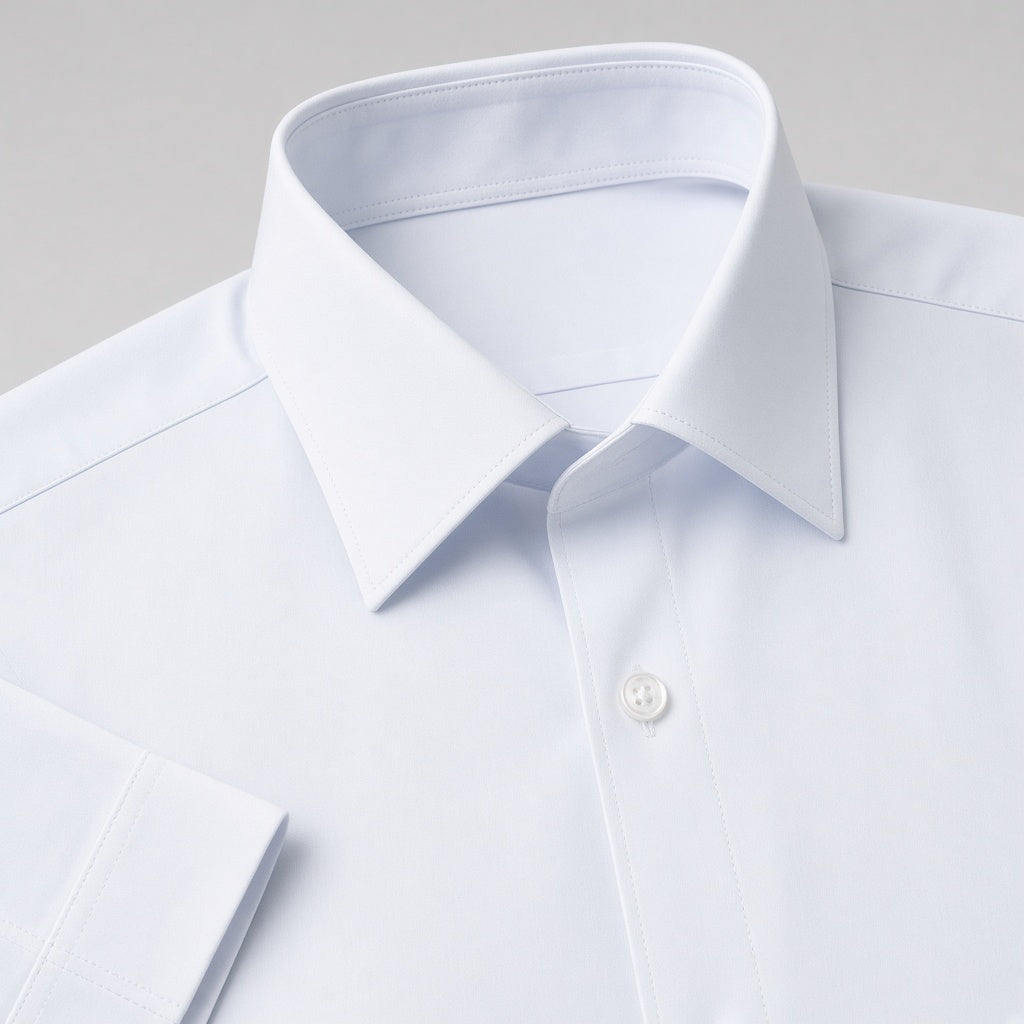 Collar and placket detail on the fitted short-sleeve shirt