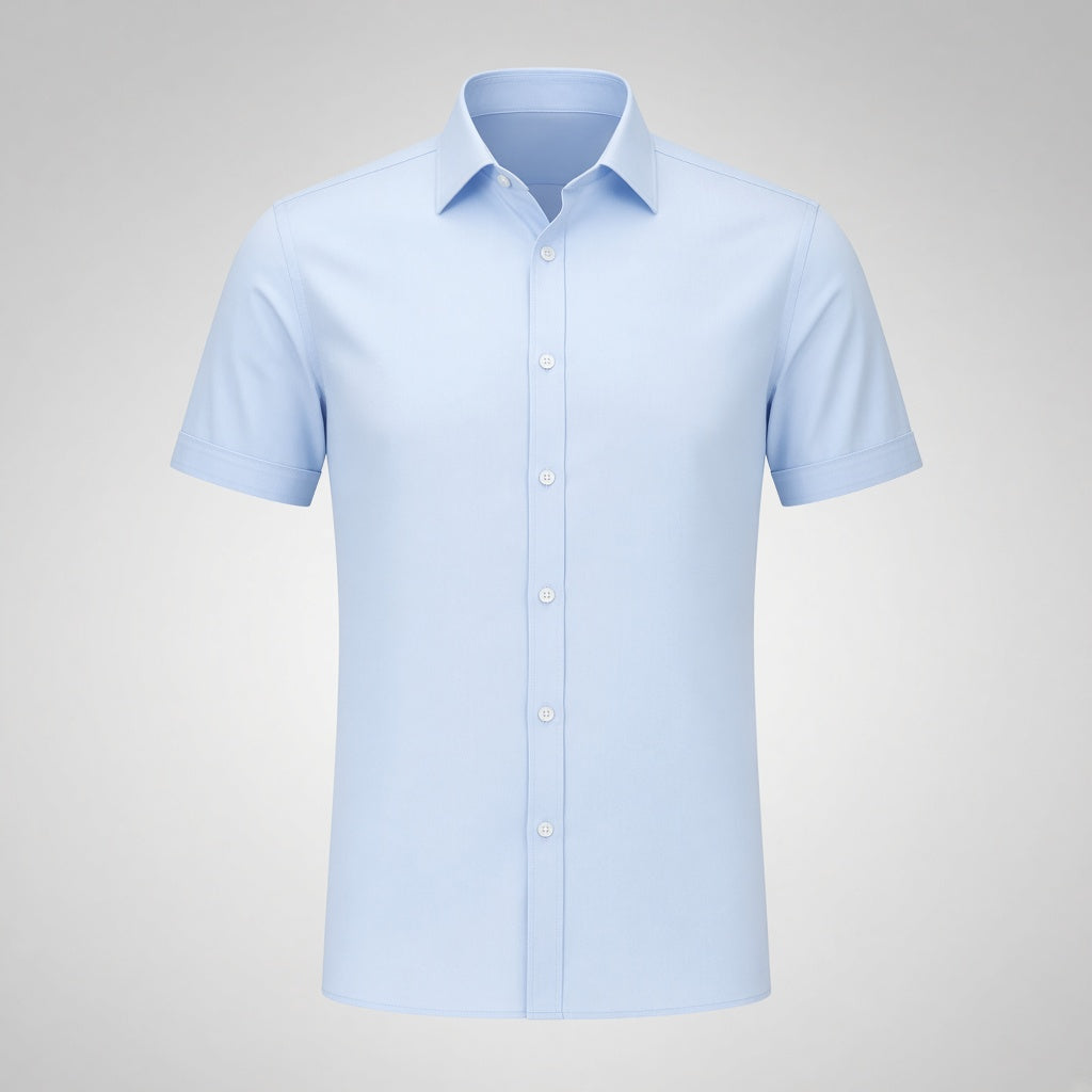 Fitted short-sleeve shirt in light blue, clean front, no chest pocket