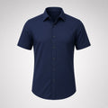 Fitted short-sleeve shirt in navy, clean front, no chest pocket