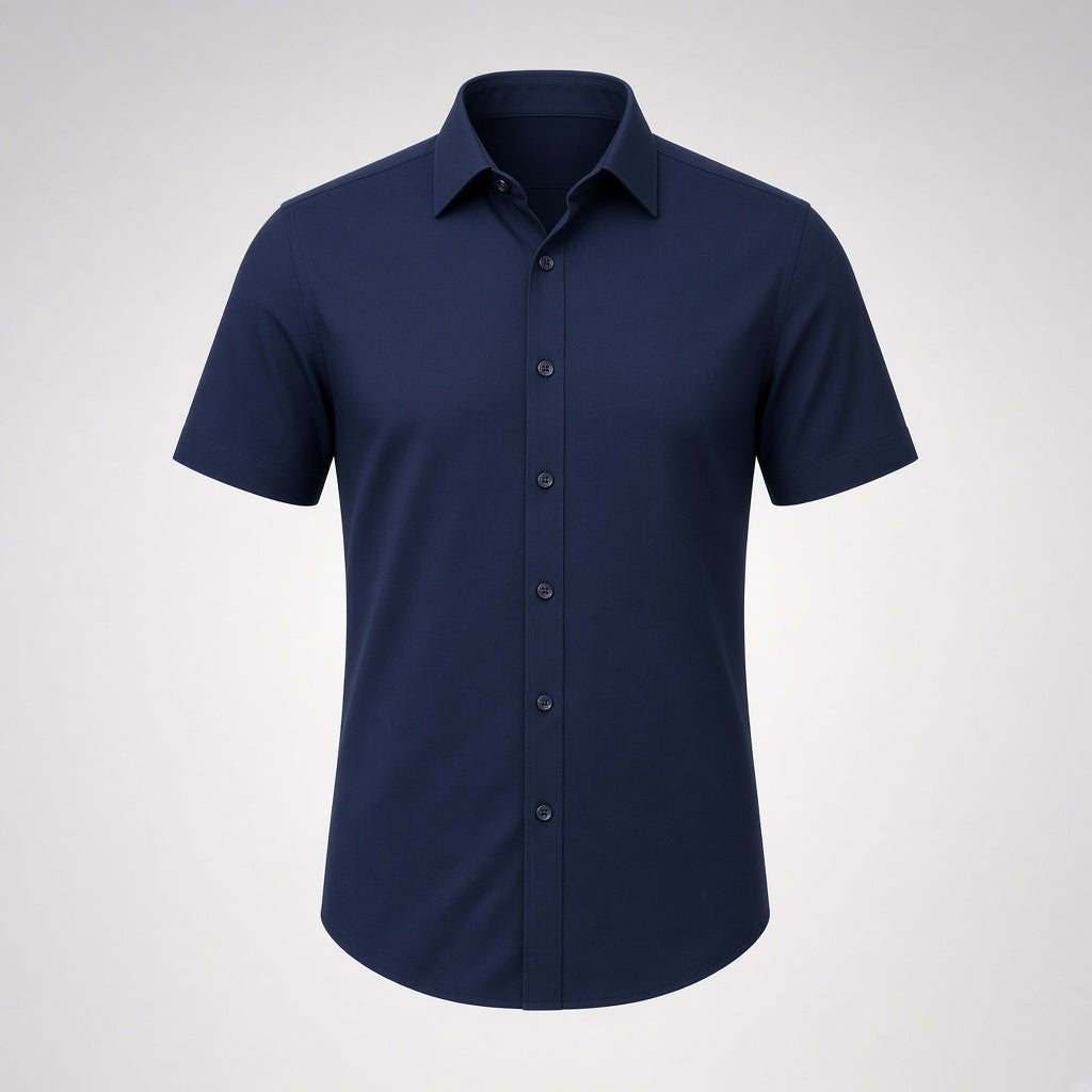 Fitted short-sleeve shirt in navy, clean front, no chest pocket