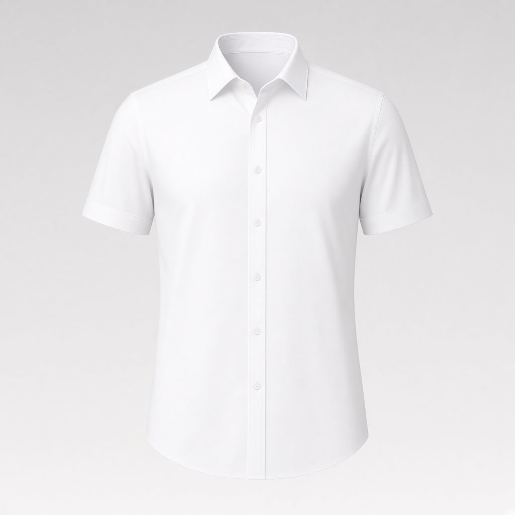 Fitted short-sleeve shirt in white, clean front, no chest pocket