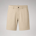 Stretch casual shorts in beige, hanging front view