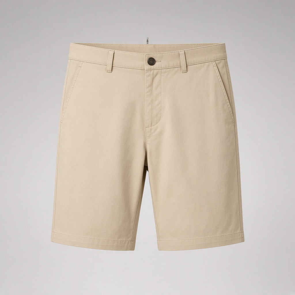 Stretch casual shorts in beige, hanging front view
