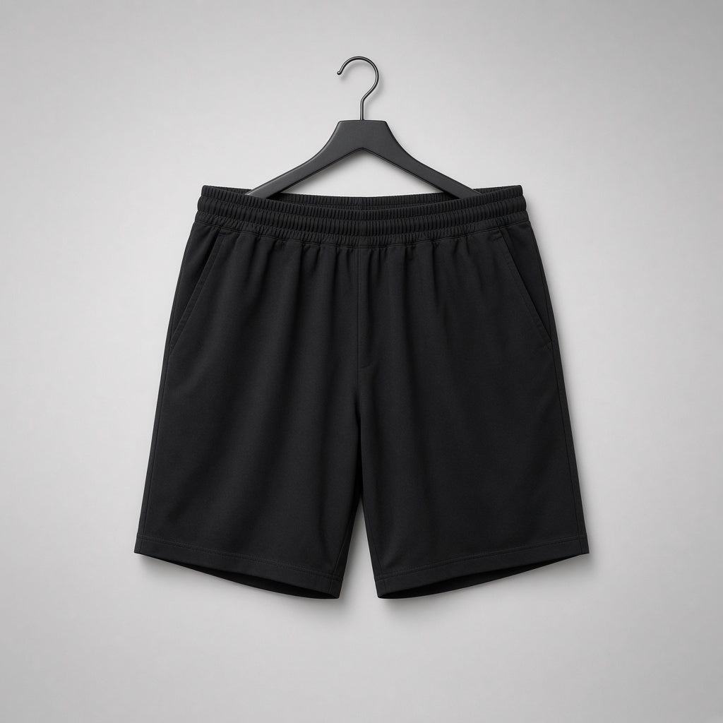 Stretch casual shorts in black, hanging front view