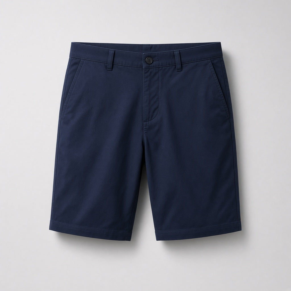 Stretch casual shorts in navy, hanging front view