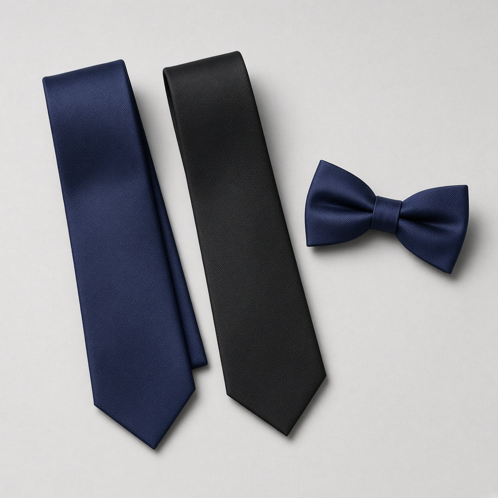 Navy necktie, black necktie and navy bow tie together